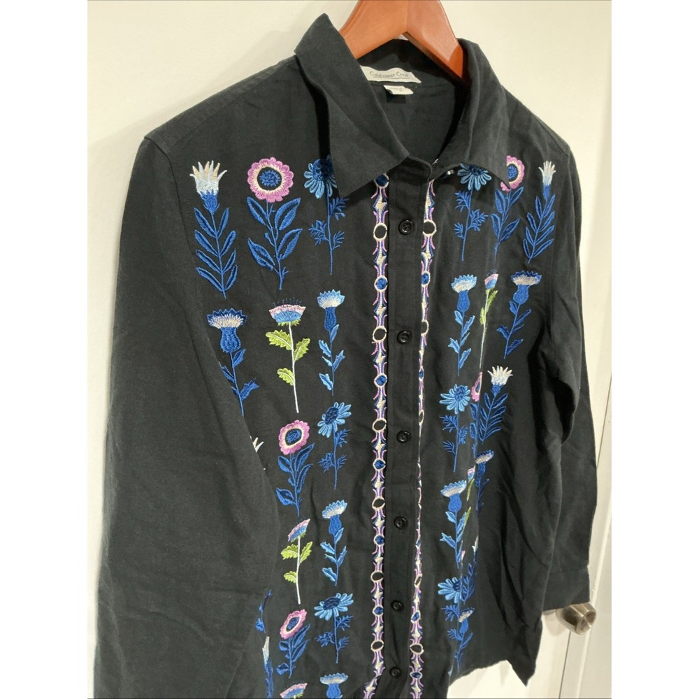 Coldwater Creek Floral embroidered button up shirt, Black, Small, Lagenlook - Picture 3 of 10